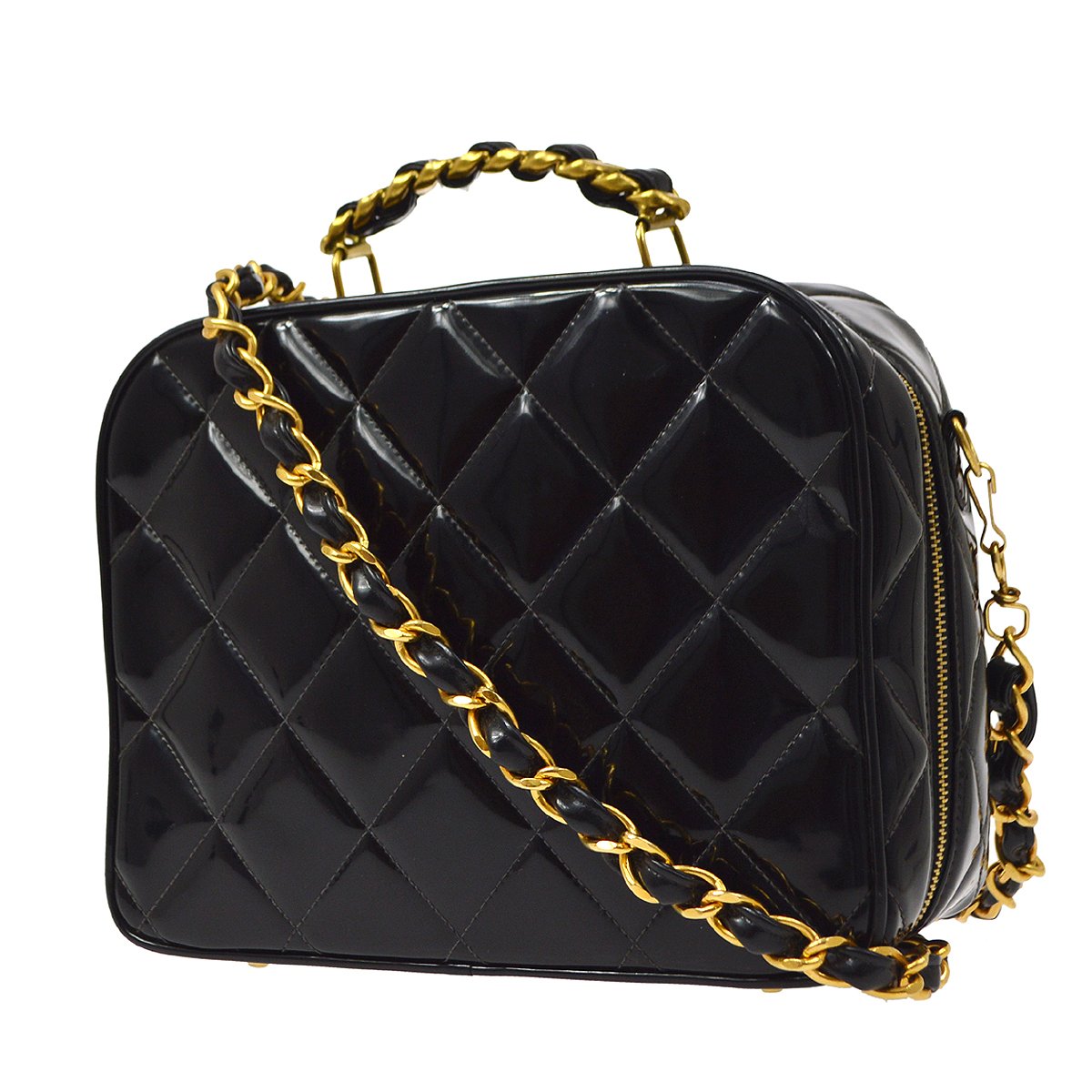 CHANEL 1994-1996 Black Patent Leather Quilted 2way Bag Medium