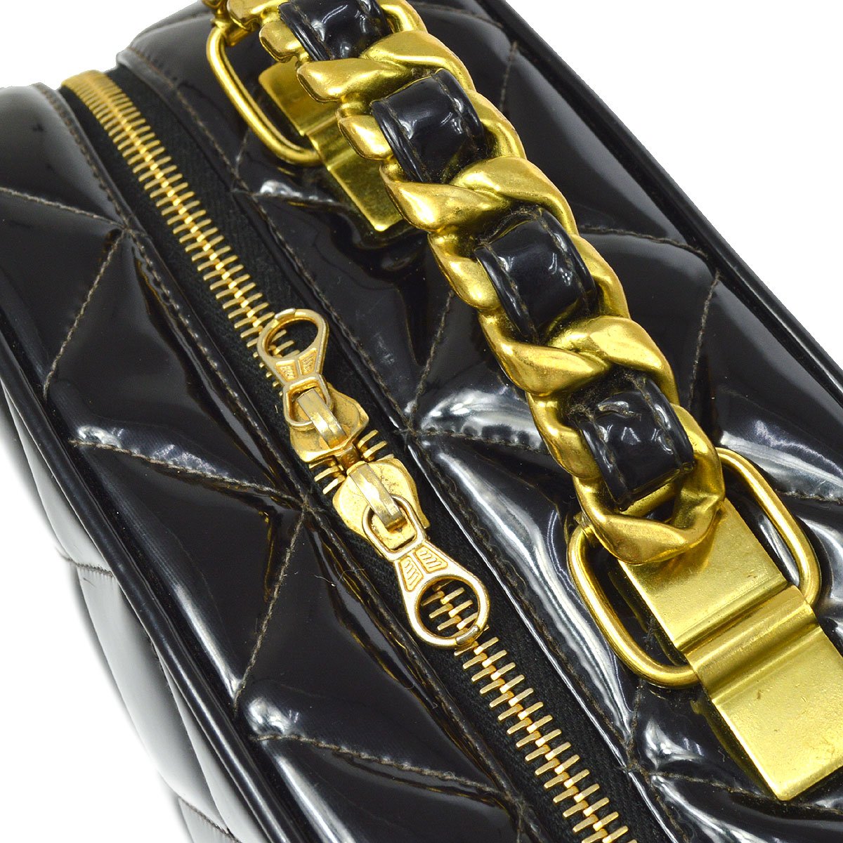 CHANEL 1994-1996 Black Patent Leather Quilted 2way Bag Medium