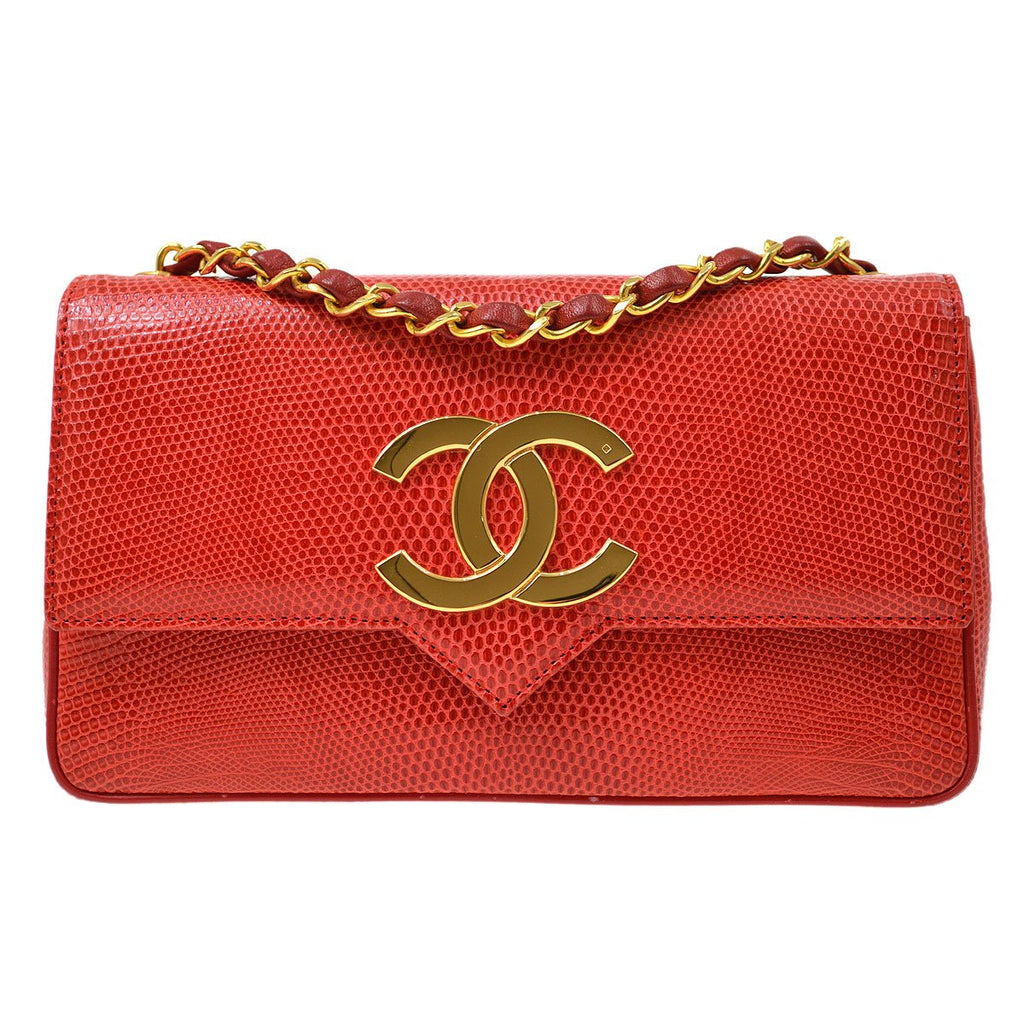 CHANEL 1989-1991 Red Lizard Pointed Flap Bag Mini