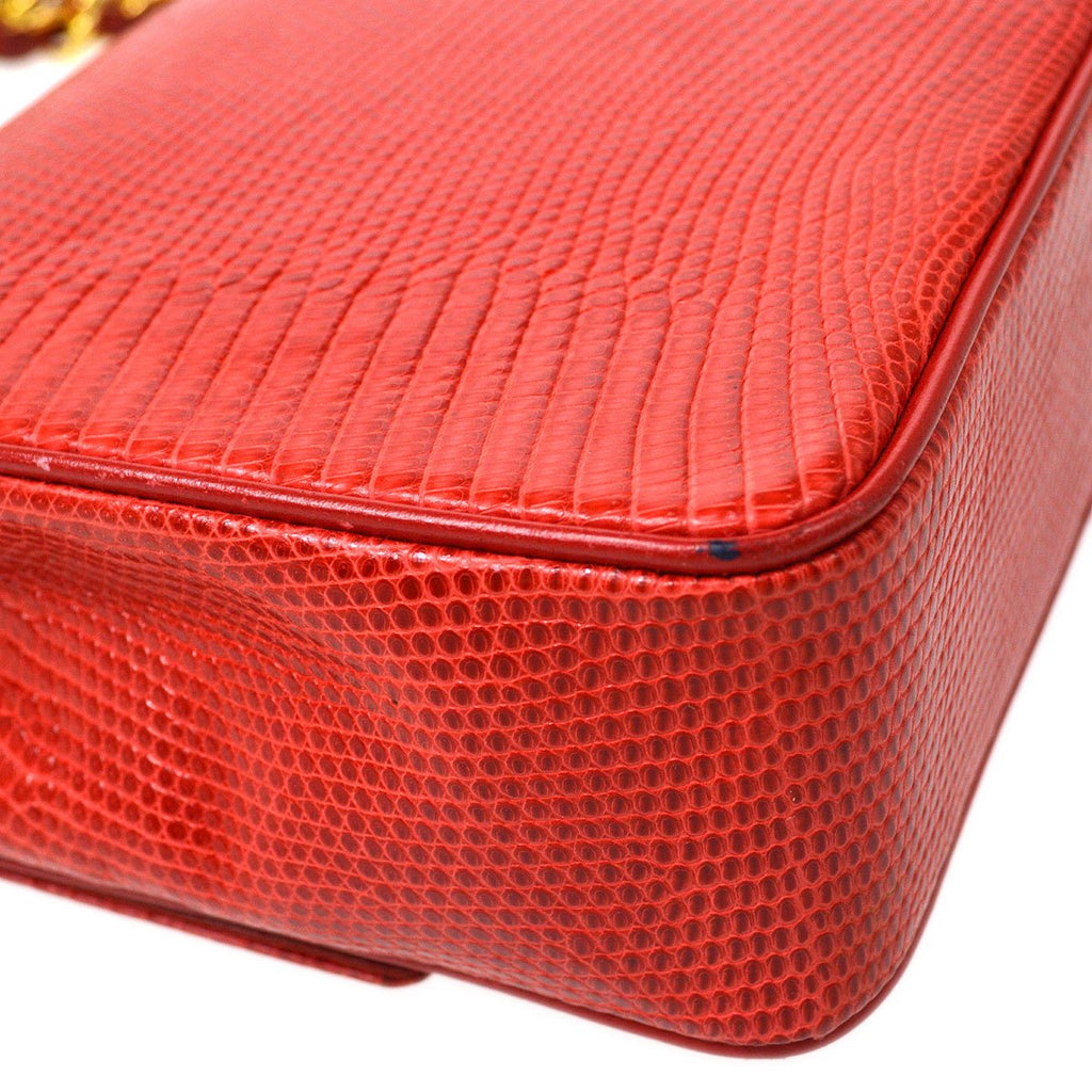 CHANEL 1989-1991 Red Lizard Pointed Flap Bag Mini
