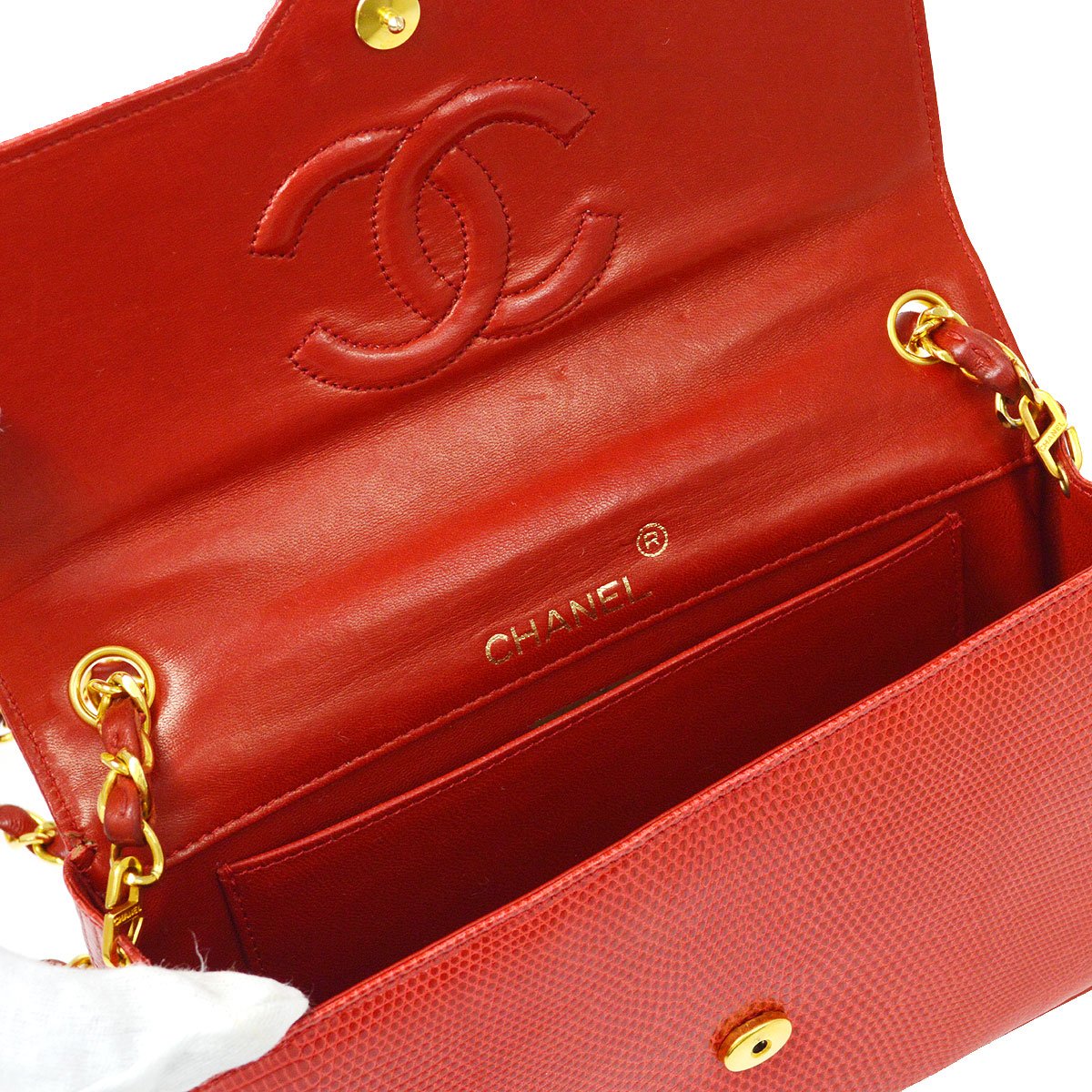 CHANEL 1989-1991 Red Lizard Pointed Flap Bag Mini