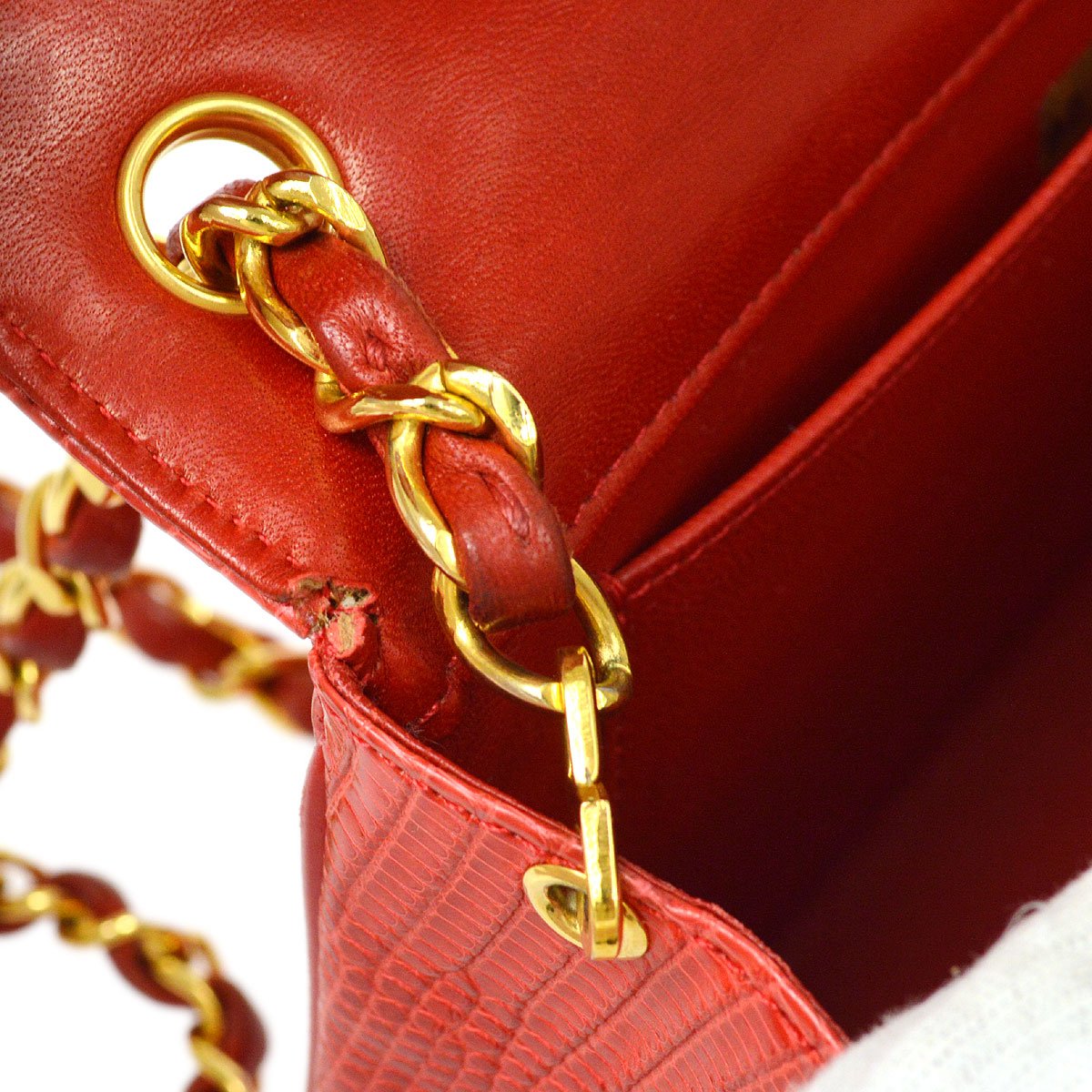 CHANEL 1989-1991 Red Lizard Pointed Flap Bag Mini