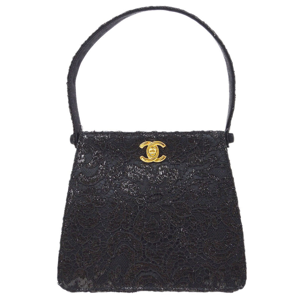 CHANEL 1997-1999 Double Sided Turnlock Handbag Black Satin