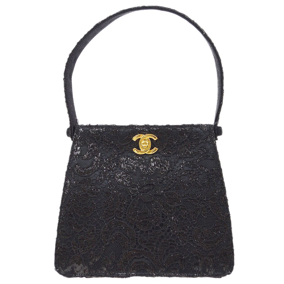 CHANEL 1997-1999 Double Sided Turnlock Handbag Black Satin
