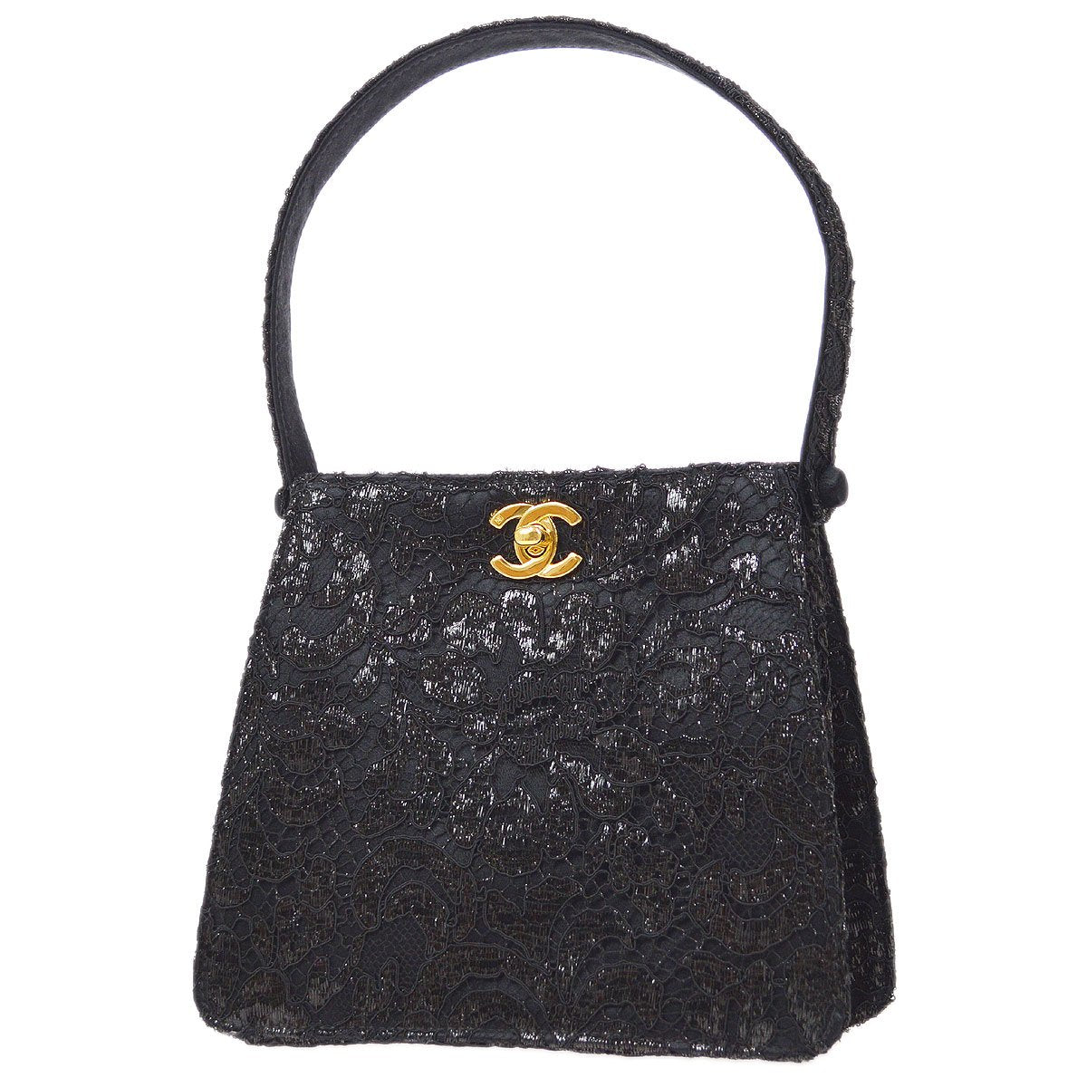 CHANEL 1997-1999 Double Sided Turnlock Handbag Black Satin