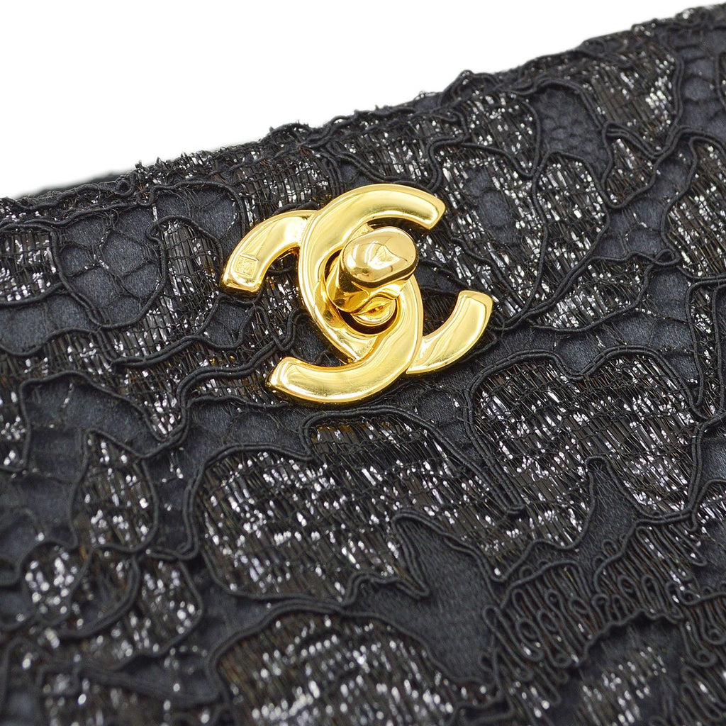 CHANEL 1997-1999 Double Sided Turnlock Handbag Black Satin