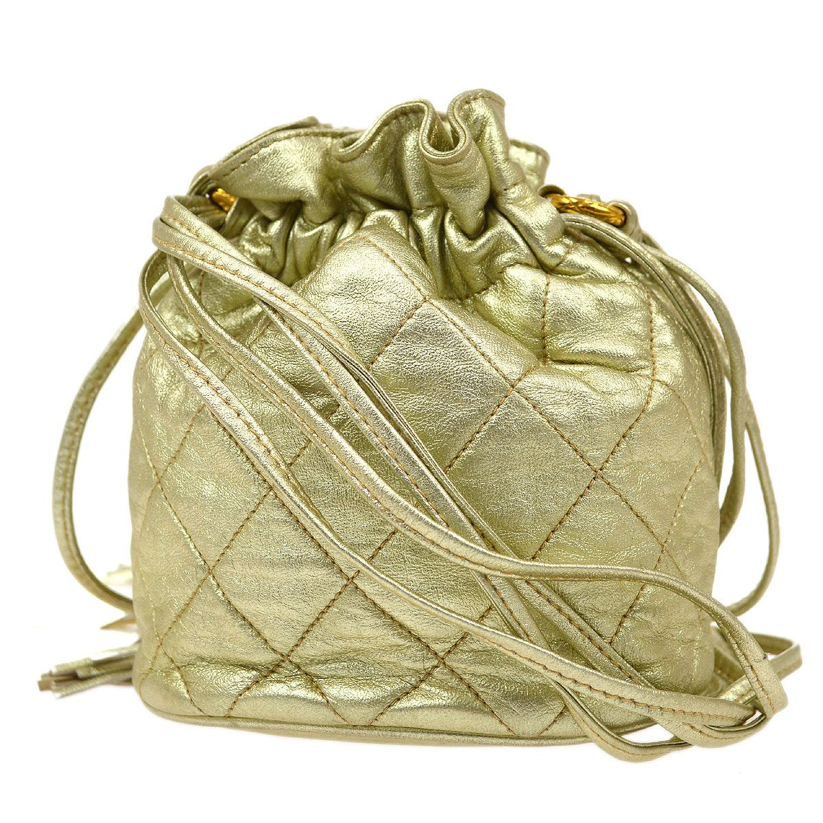 CHANEL 1989-1991 Gold Lambskin Drawstring Bucket Bag
