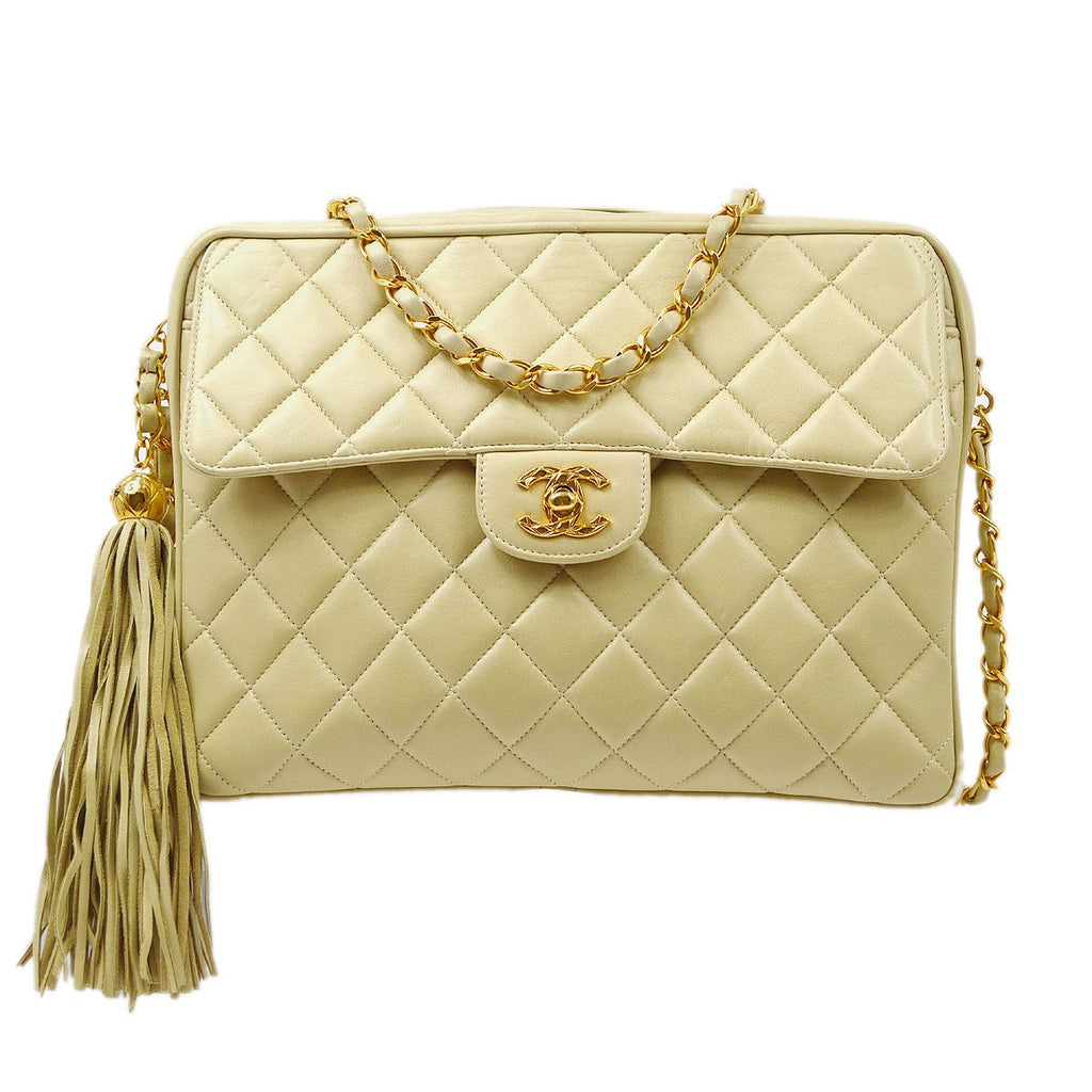 CHANEL 1991-1994 Beige Lambskin Quilted Pocket Camera Bag Large