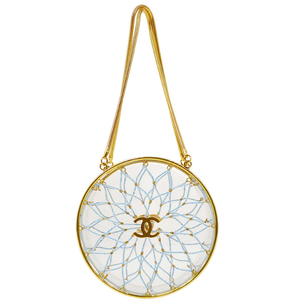 CHANEL 1990s Minaudiere Dreamcatcher Beaded Gold Transparent Round Circle Bag