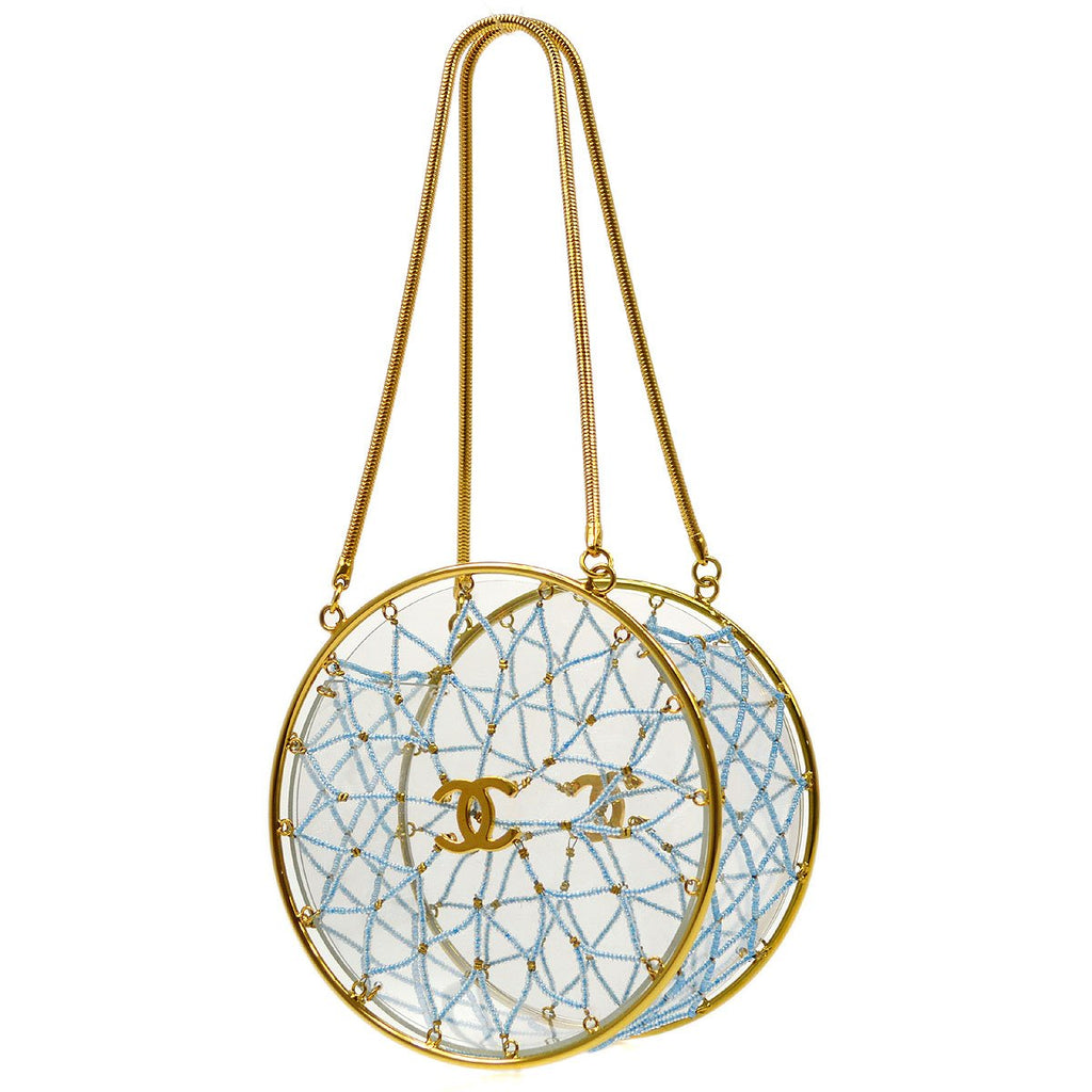 CHANEL 1990s Minaudiere Dreamcatcher Beaded Gold Transparent Round Circle Bag