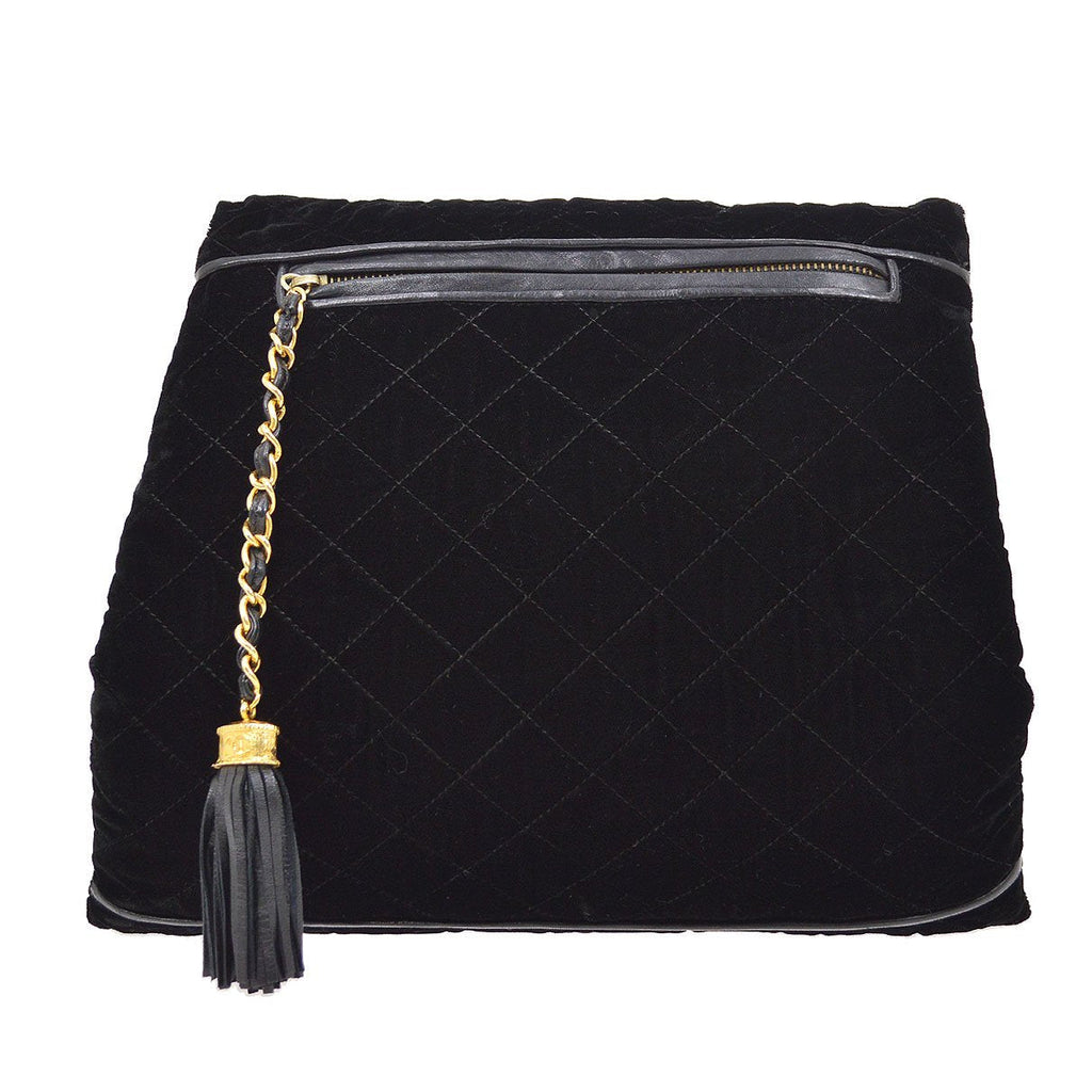 CHANEL 1986-1988 Fringe Hand Warmer Clutch Bag Black Velvet
