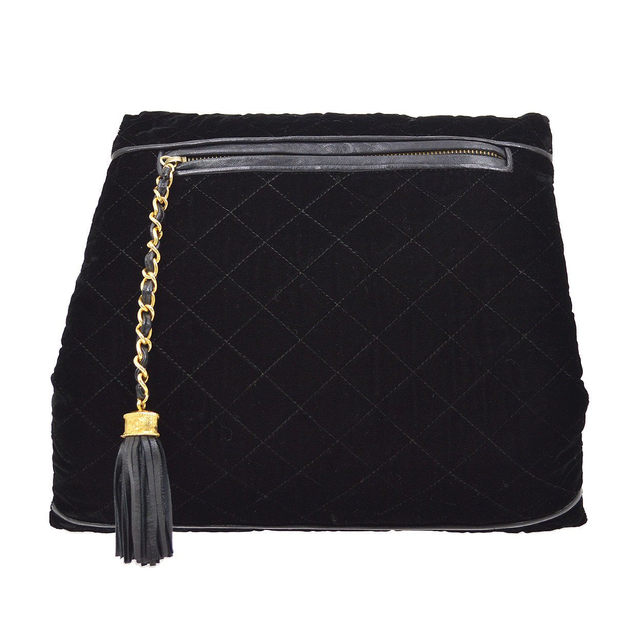CHANEL 1986-1988 Fringe Hand Warmer Clutch Bag Black Velvet