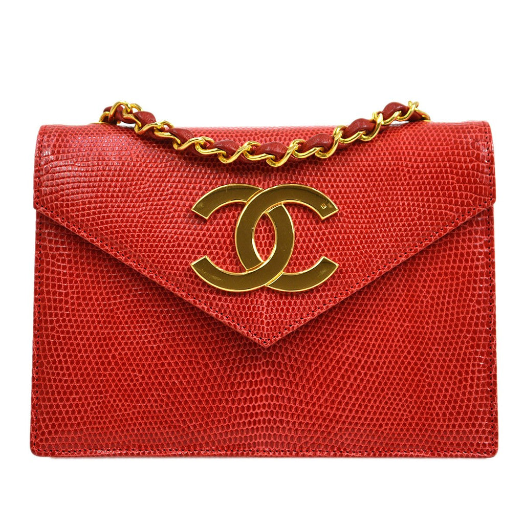 CHANEL * 1989-1991 Red Lizard Letter Flap Bag