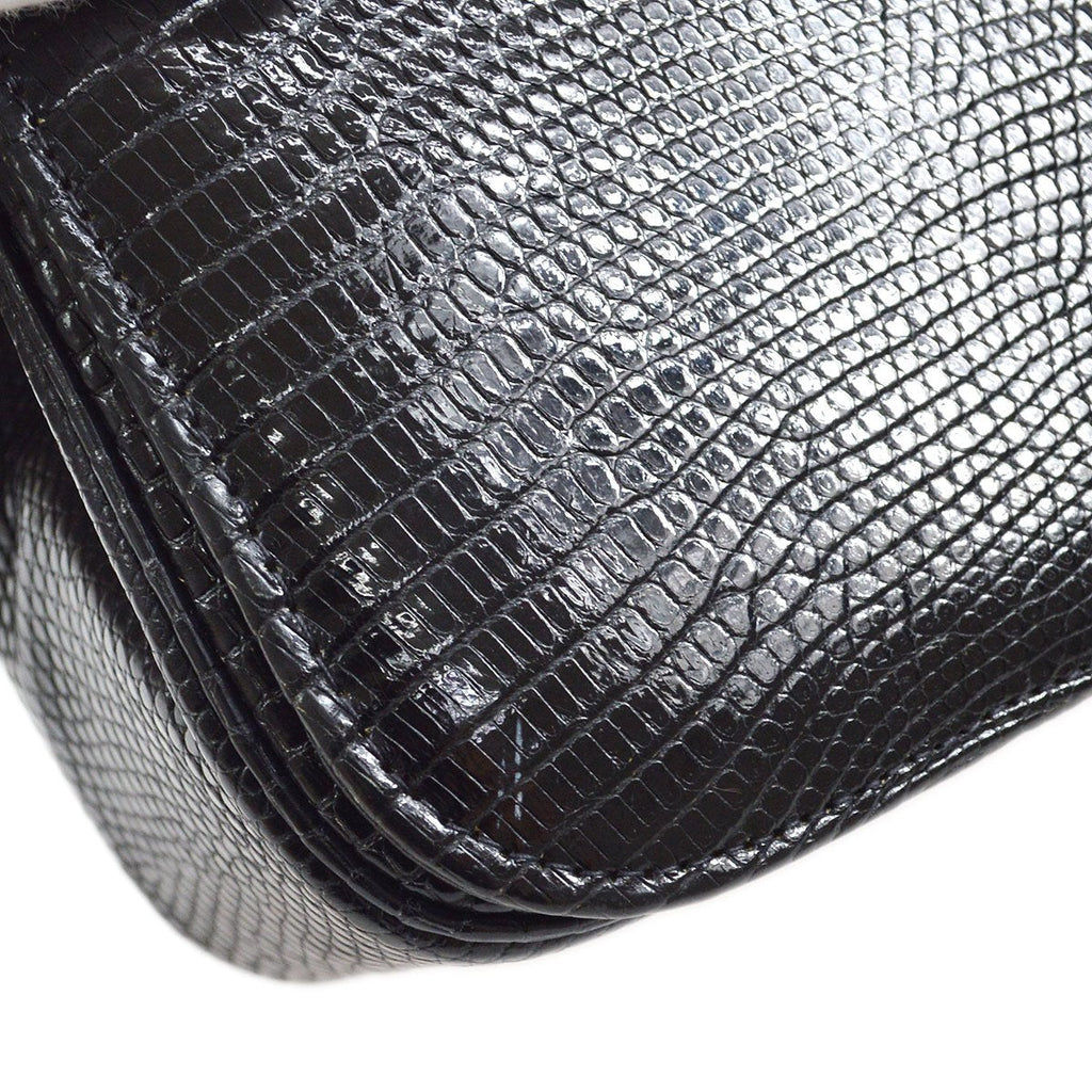 CHANEL * 1989-1991 Turnlock Full Flap Small Black Lizard