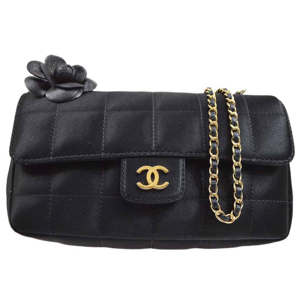 CHANEL 2009-2010 Camellia Choco Bar Single Chain Shoulder Bag Black Satin