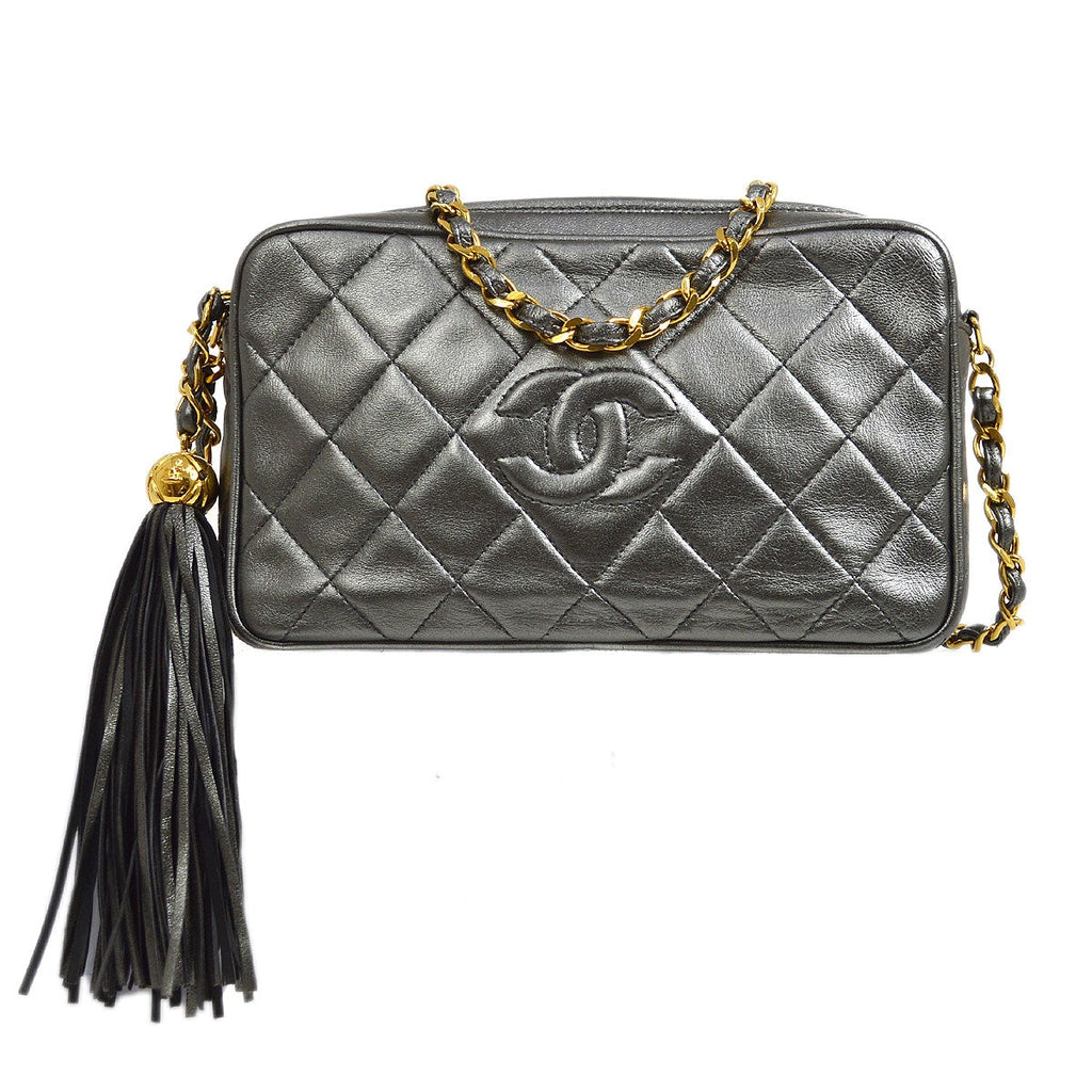 CHANEL 1991-1994 Metallic Gray Lambskin Diamond Camera Bag Mini