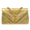 CHANEL 1991-1994 Gold Lambskin Chevron Faux Pearl CC Flap Bag