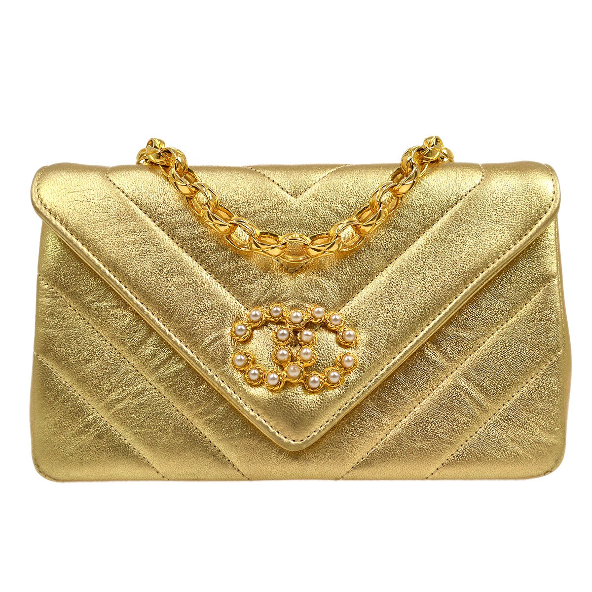 CHANEL 1991-1994 Gold Lambskin Chevron Faux Pearl CC Flap Bag