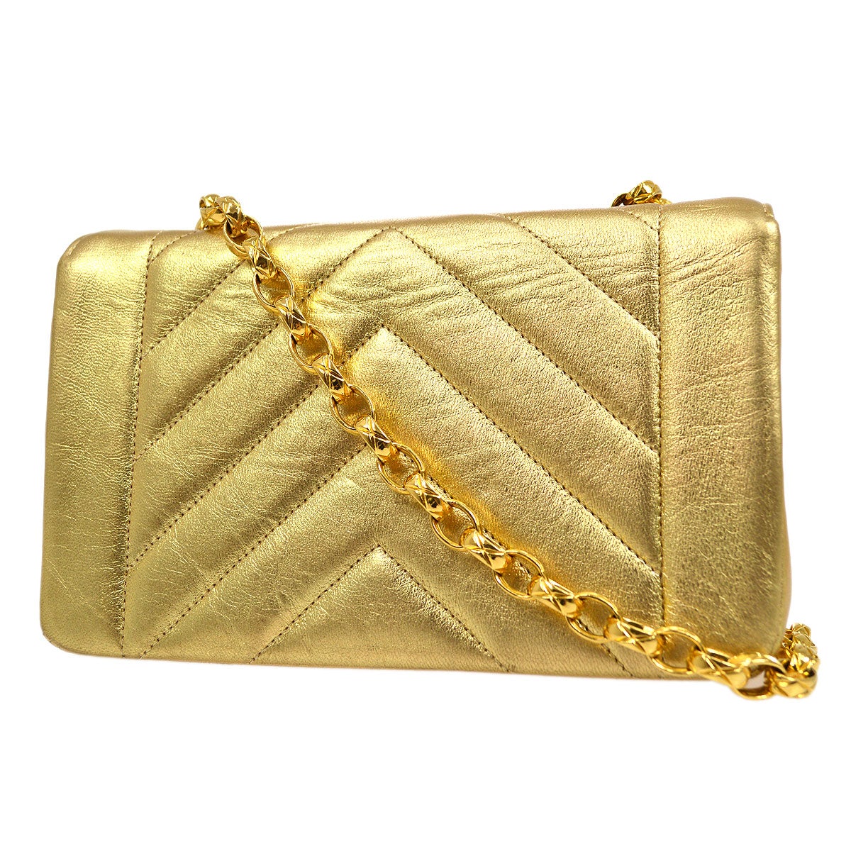 CHANEL 1991-1994 Gold Lambskin Chevron Faux Pearl CC Flap Bag