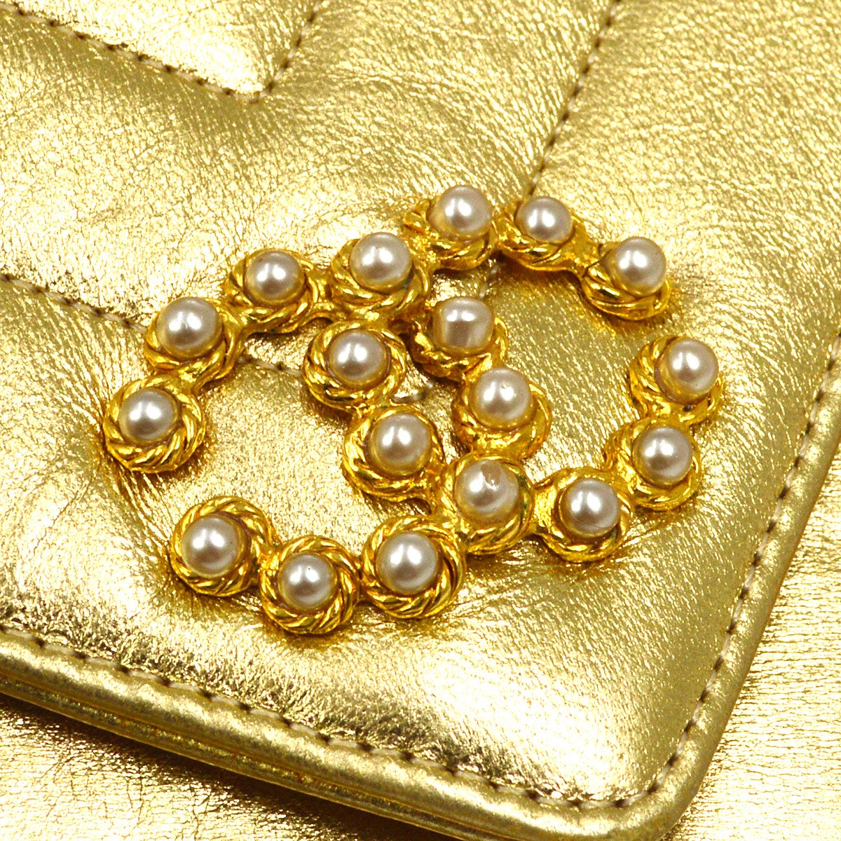 CHANEL 1991-1994 Gold Lambskin Chevron Faux Pearl CC Flap Bag