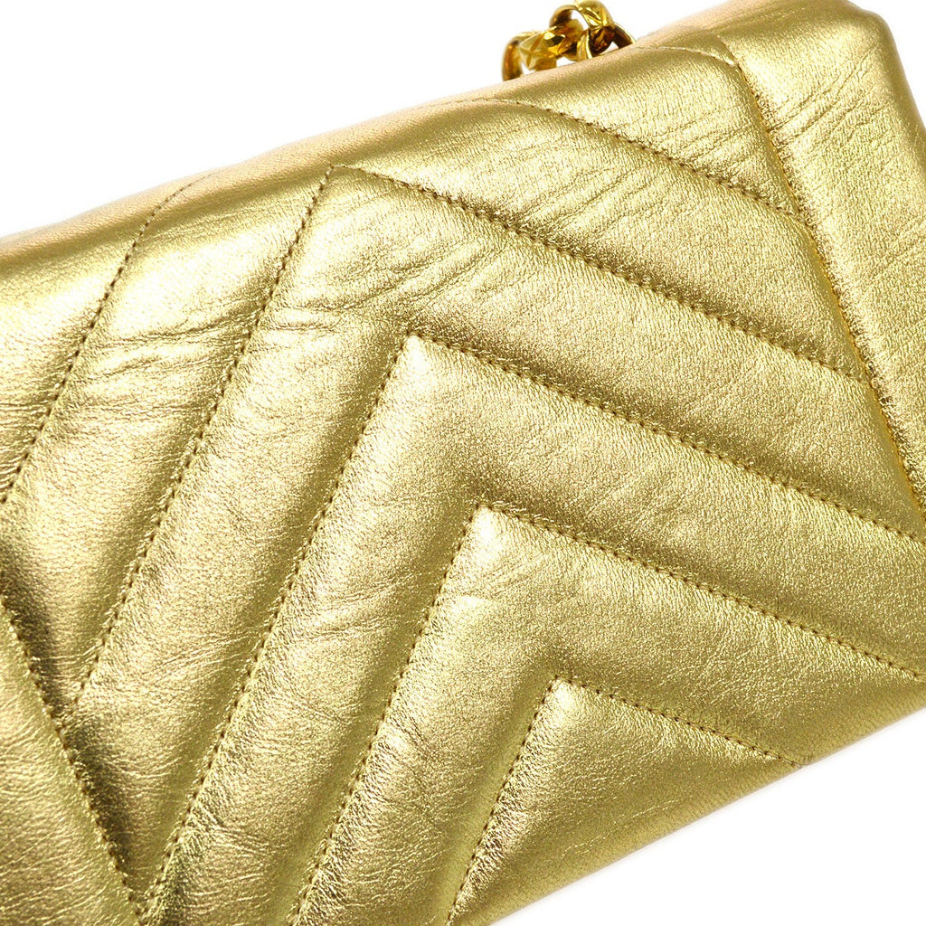 CHANEL 1991-1994 Gold Lambskin Chevron Faux Pearl CC Flap Bag