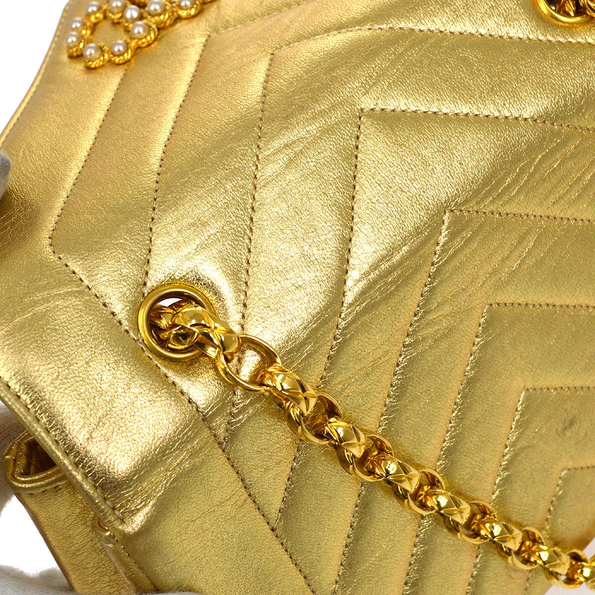 CHANEL 1991-1994 Gold Lambskin Chevron Faux Pearl CC Flap Bag