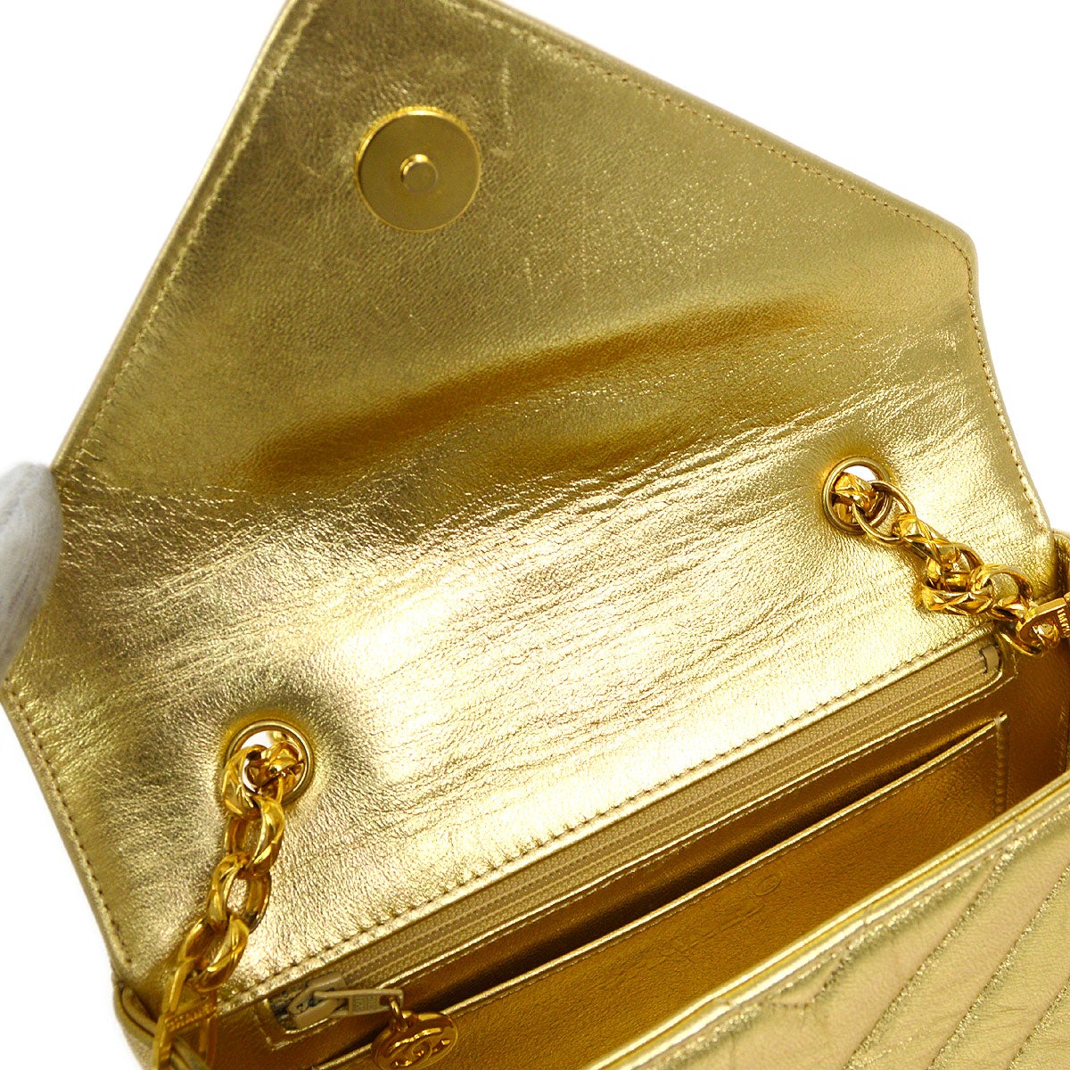 CHANEL 1991-1994 Gold Lambskin Chevron Faux Pearl CC Flap Bag