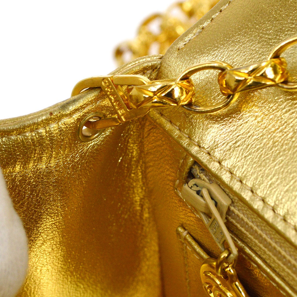 CHANEL 1991-1994 Gold Lambskin Chevron Faux Pearl CC Flap Bag