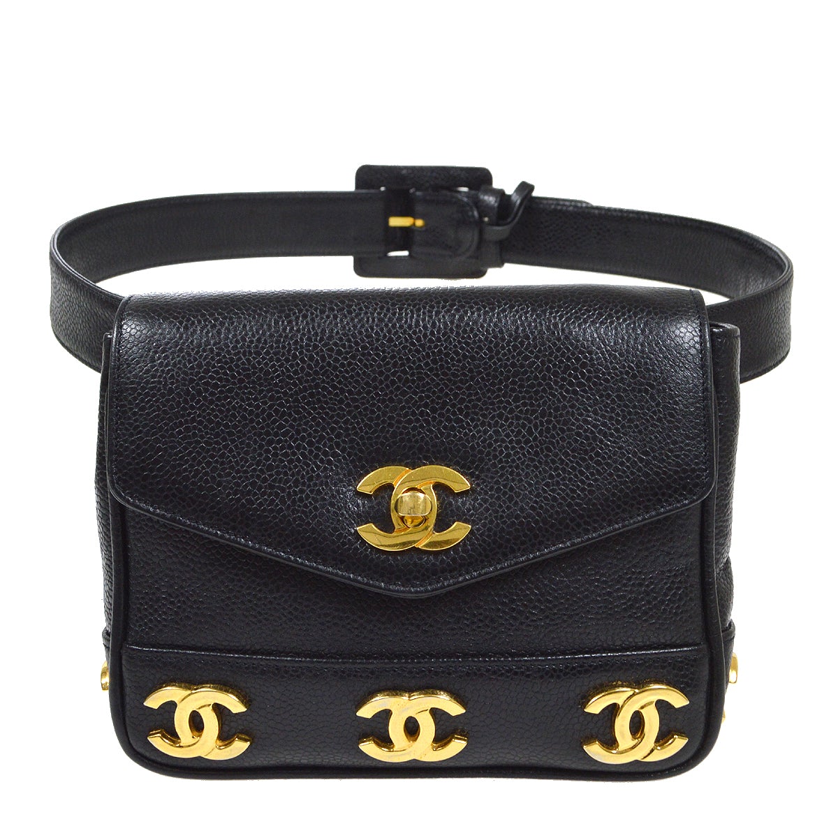 CHANEL 1991-1994 Black Caviar Triple CC Belt Bag #75