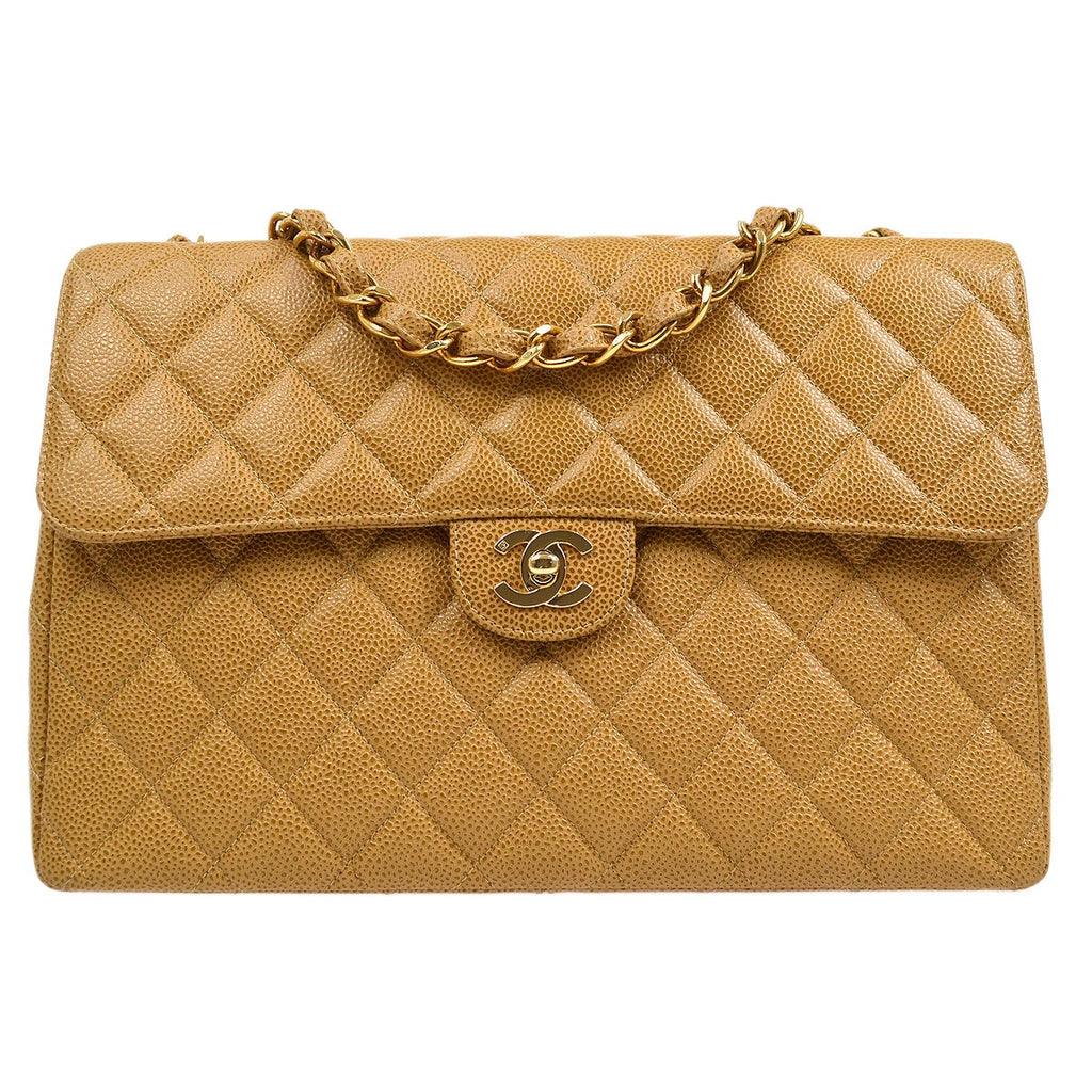 CHANEL 2000-2001 Beige Caviar Classic Flap Jumbo