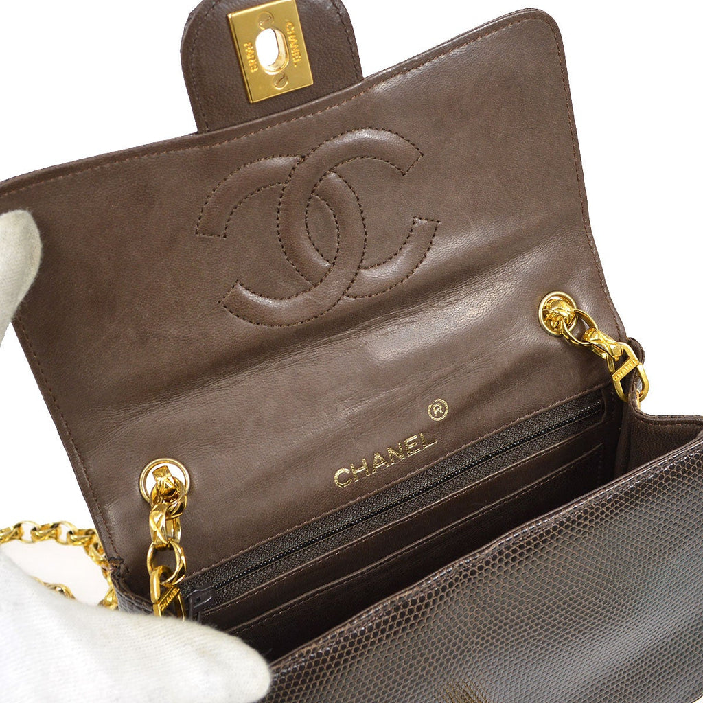 CHANEL 1989-1991 Classic Square Flap 17 Brown Lizard