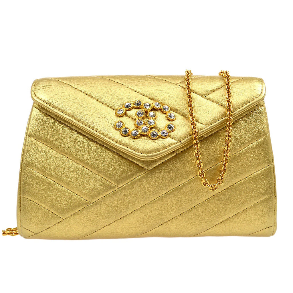 CHANEL 1991-1994 Gold Lambskin Diagonal Rhinestone CC Evening Bag