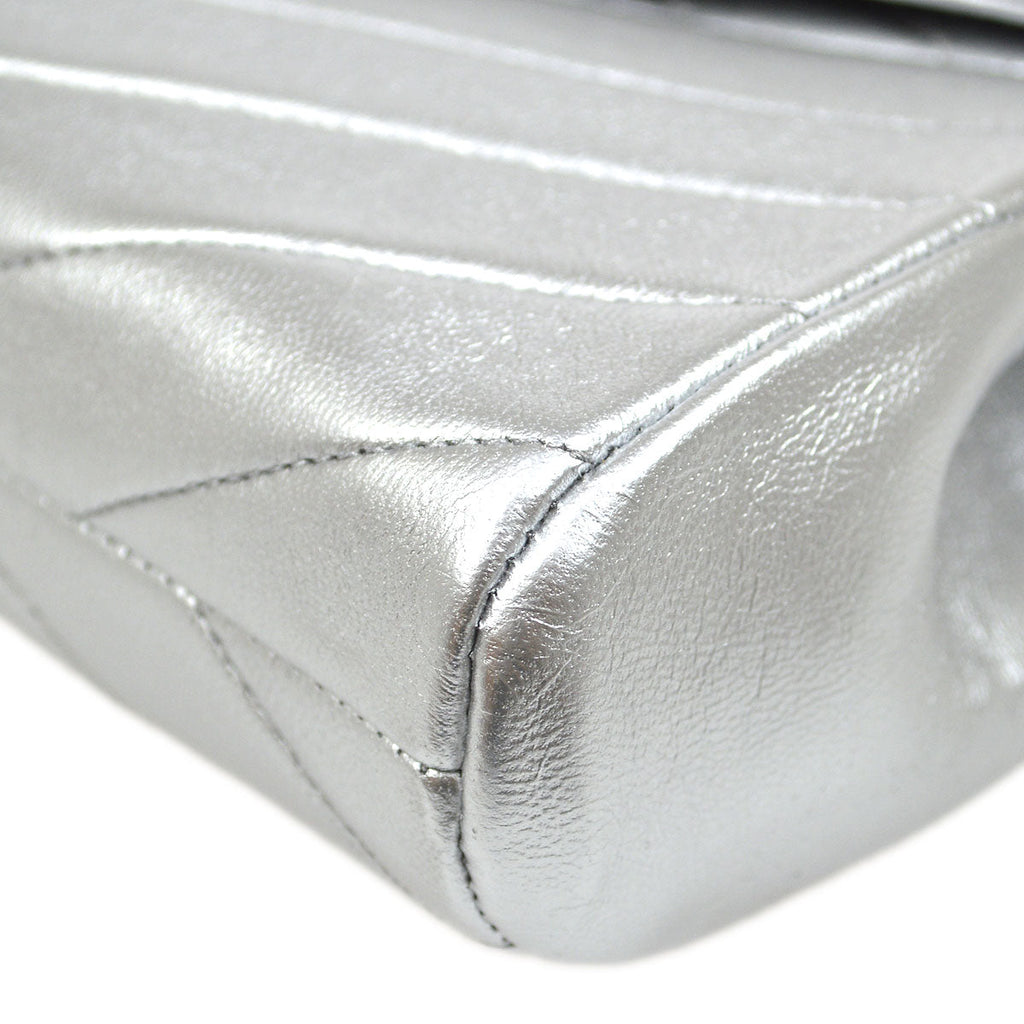 CHANEL 1991-1994 Silver Lambskin Diagonal Rhinestone CC Evening Bag