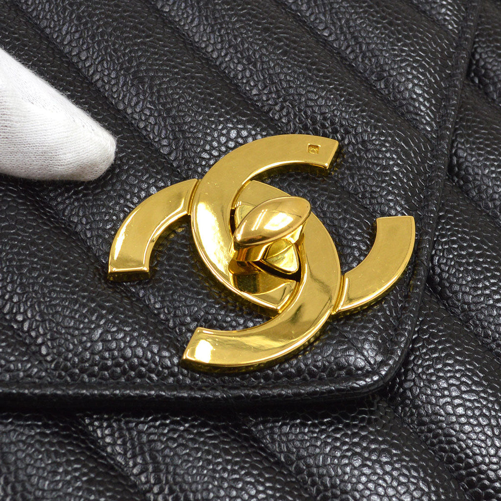 CHANEL 1994-1996 Black Caviar Vertical Pocket Camera Bag Jumbo