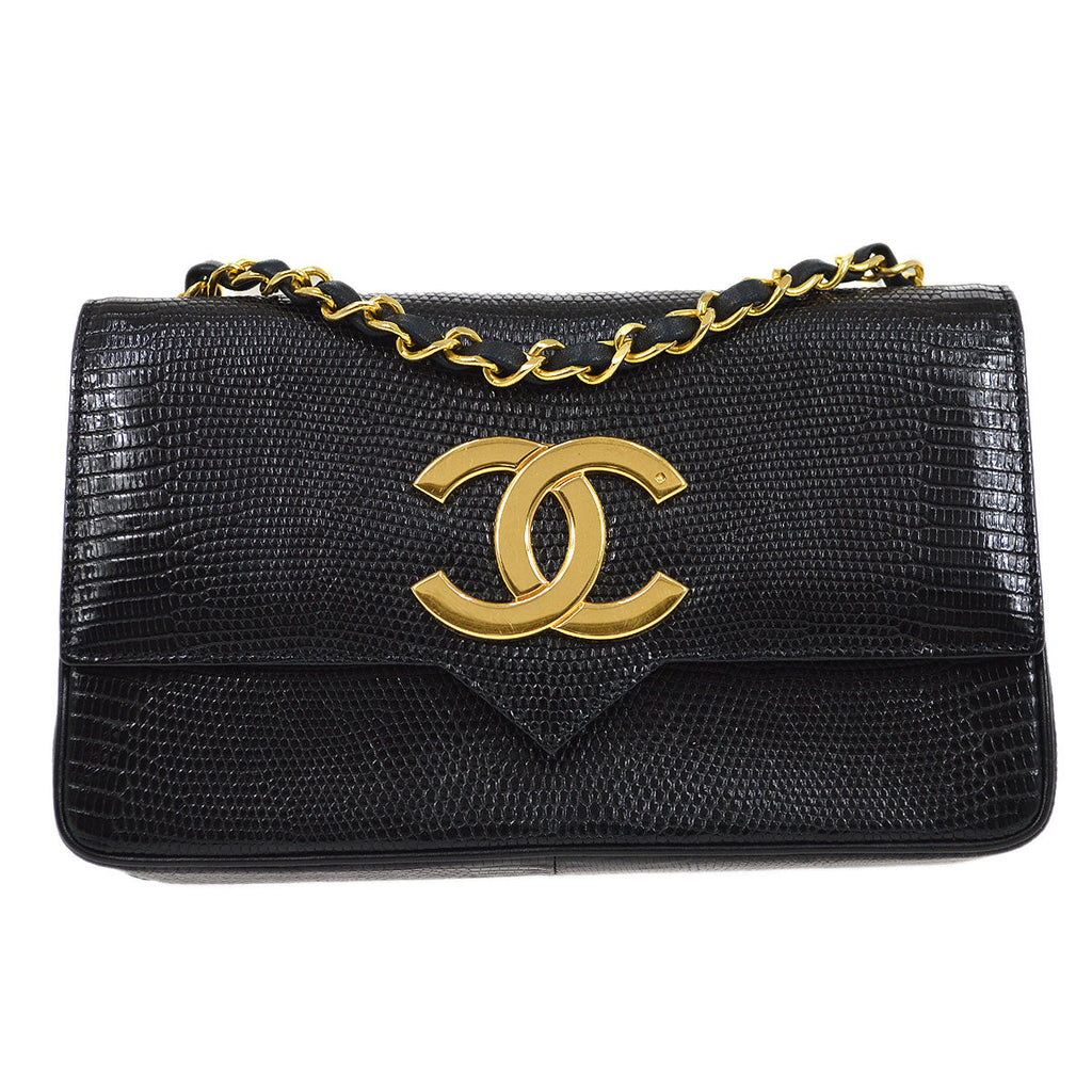 CHANEL 1989-1991 Black Lizard Pointed Flap Bag