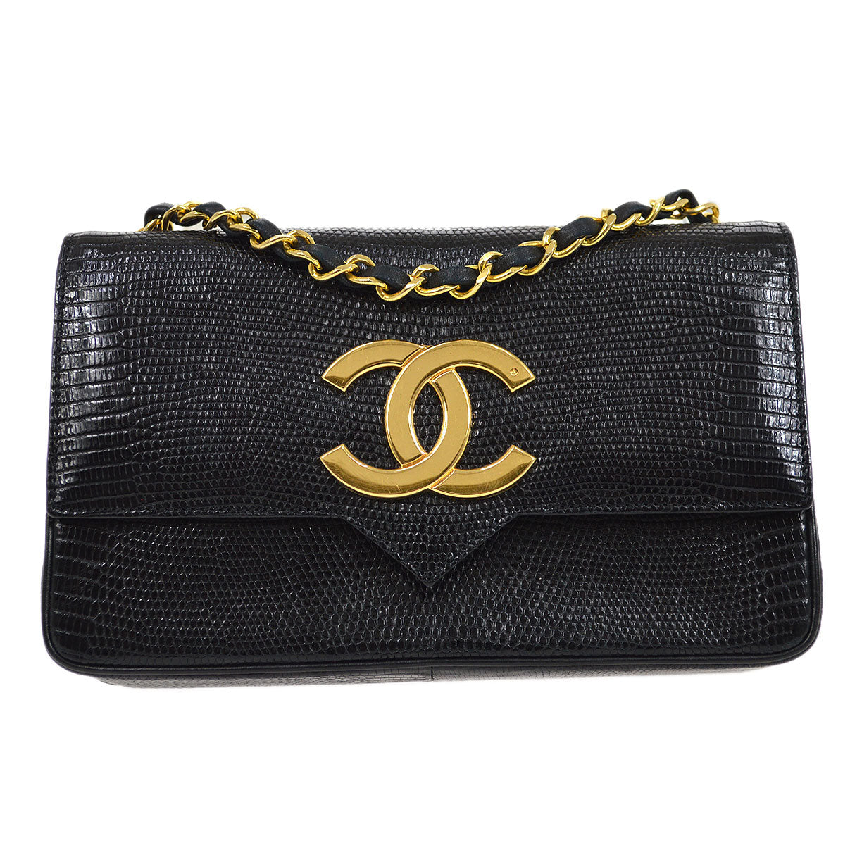 CHANEL 1989-1991 Black Lizard Pointed Flap Bag