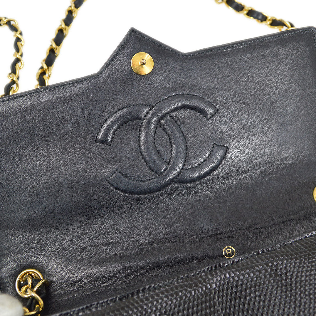CHANEL 1989-1991 Black Lizard Pointed Flap Bag