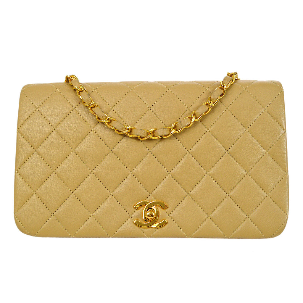 CHANEL Full Flap Single Chain Shoulder Bag Beige