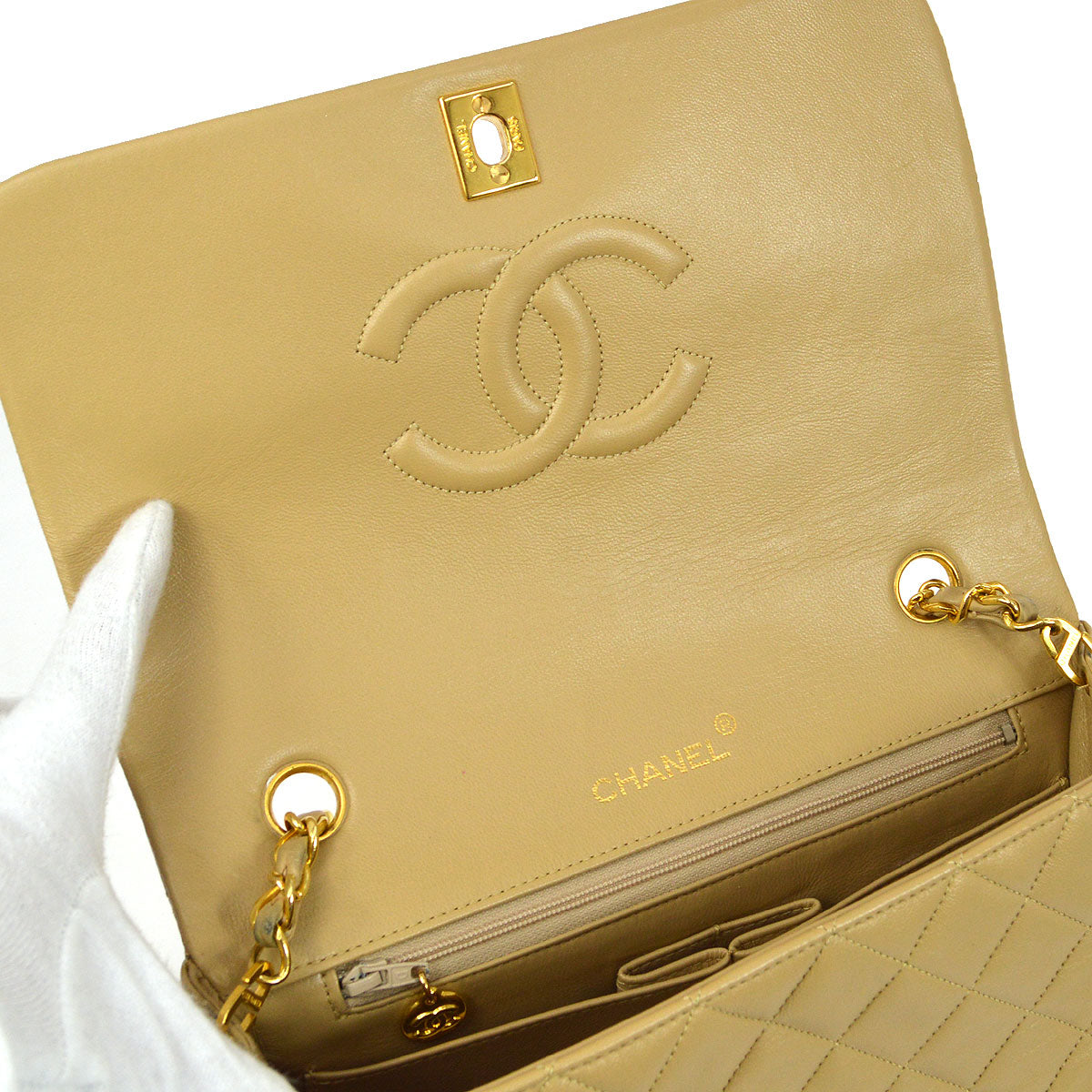 CHANEL Full Flap Single Chain Shoulder Bag Beige