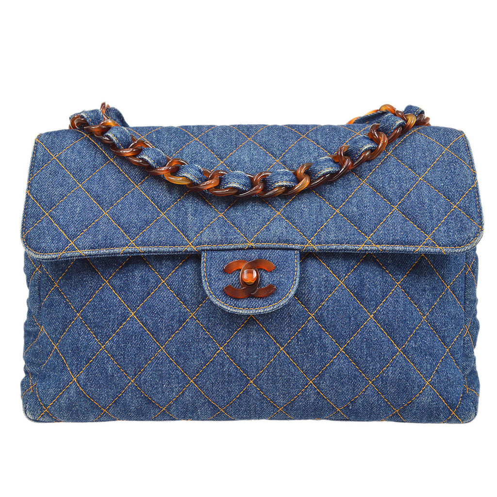 CHANEL 1996-1997 Denim Faux Tortoiseshell Chain Classic Flap Jumbo