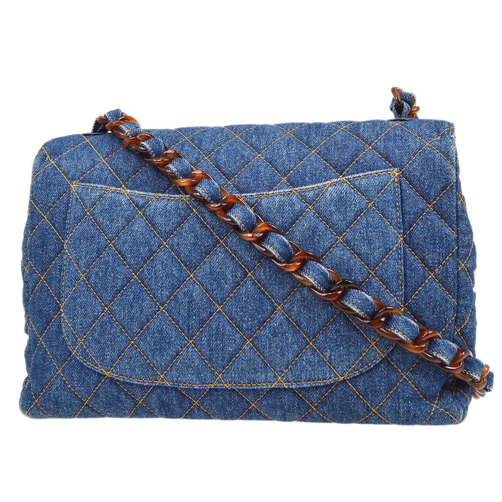 CHANEL 1996-1997 Denim Faux Tortoiseshell Chain Classic Flap Jumbo