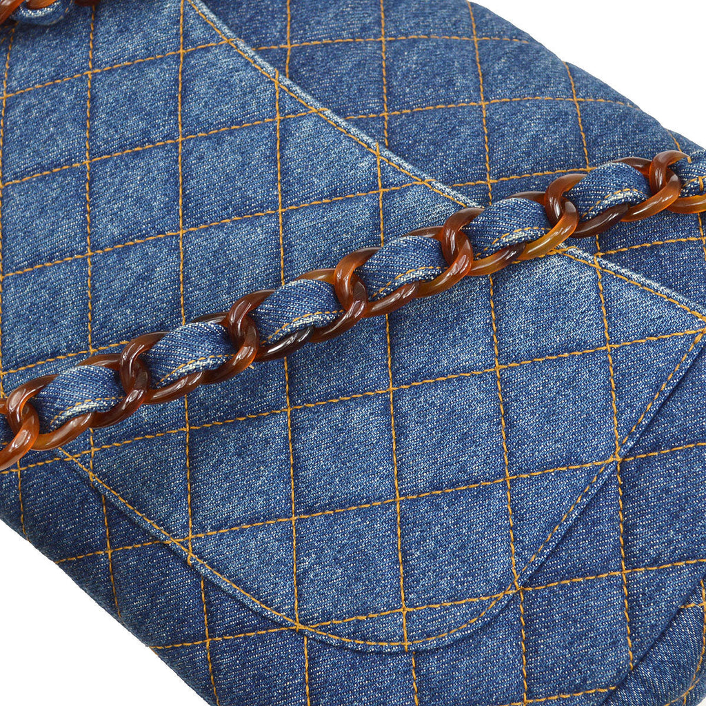 CHANEL 1996-1997 Denim Faux Tortoiseshell Chain Classic Flap Jumbo