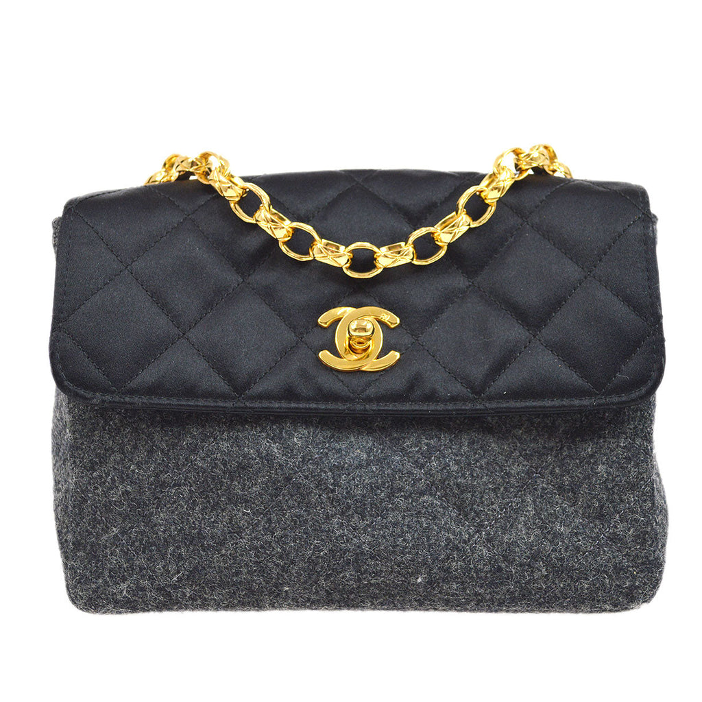 CHANEL 1989-1991 Black Satin Grey Wool Straight Flap Mini