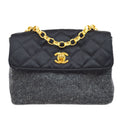 CHANEL 1989-1991 Black Satin Grey Wool Straight Flap Mini