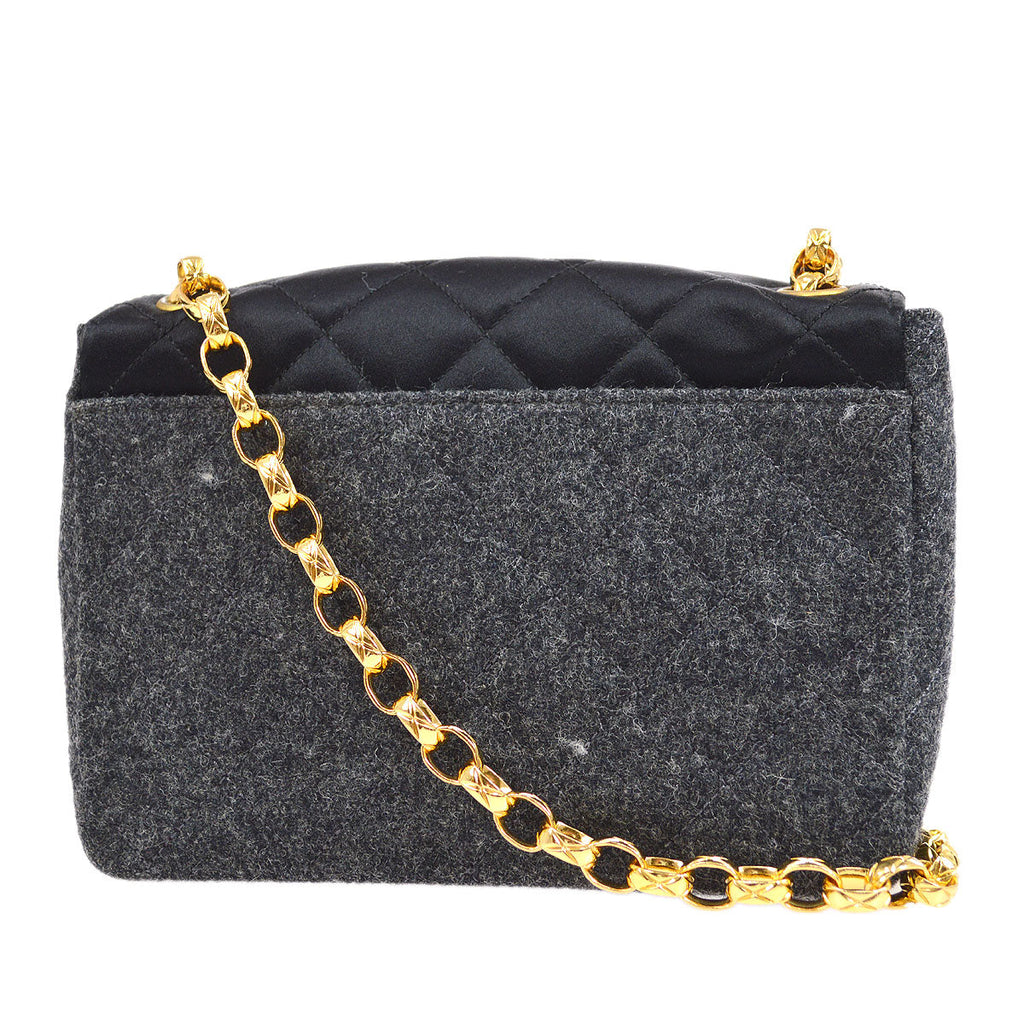 CHANEL 1989-1991 Black Satin Grey Wool Straight Flap Mini