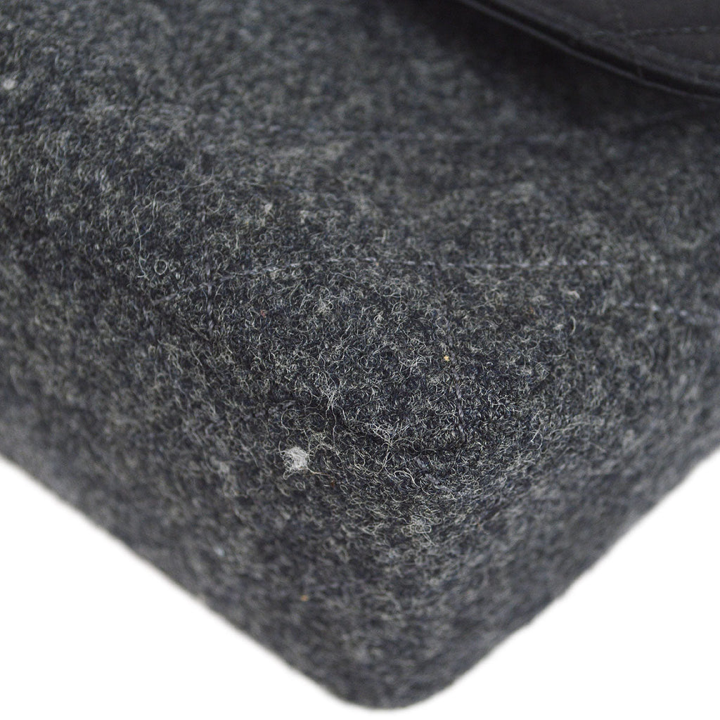 CHANEL 1989-1991 Black Satin Grey Wool Straight Flap Mini