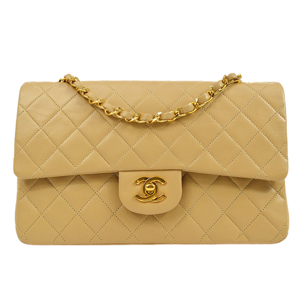 CHANEL 1989-1991 Beige Lambskin Quilted Double Chain Medium