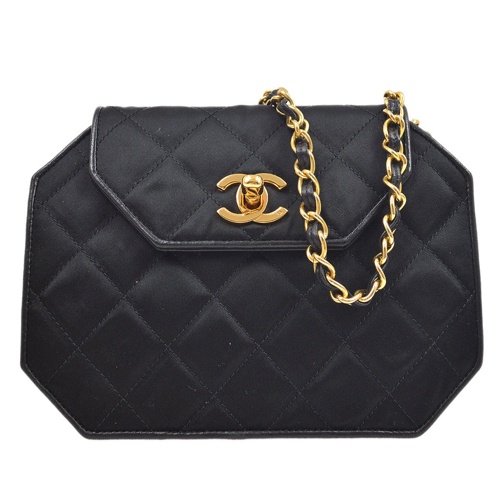 CHANEL 1989-1991 Black Satin Octagonal Flap Bag