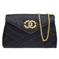 CHANEL 1990's Black Satin Diagonal Crystal & Gold CC Evening Bag