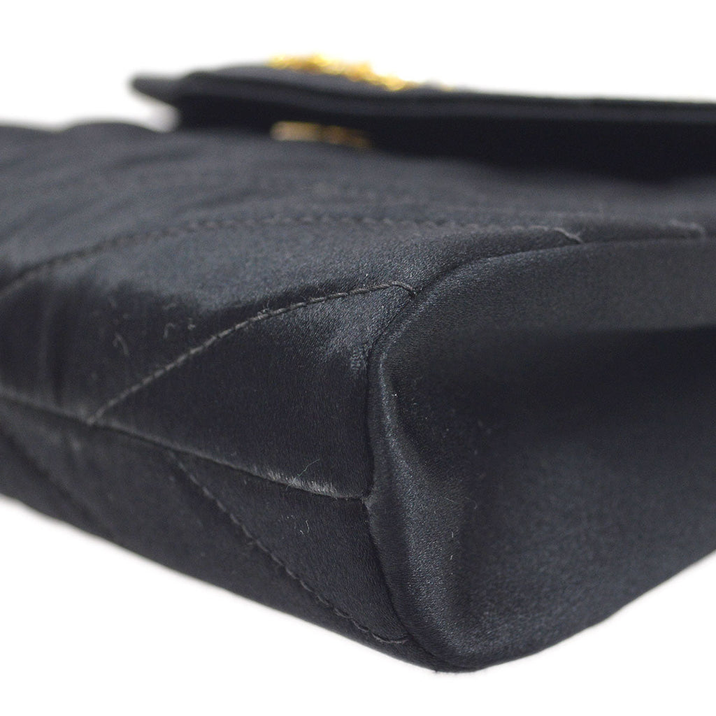 CHANEL 1990's Black Satin Diagonal Crystal & Gold CC Evening Bag
